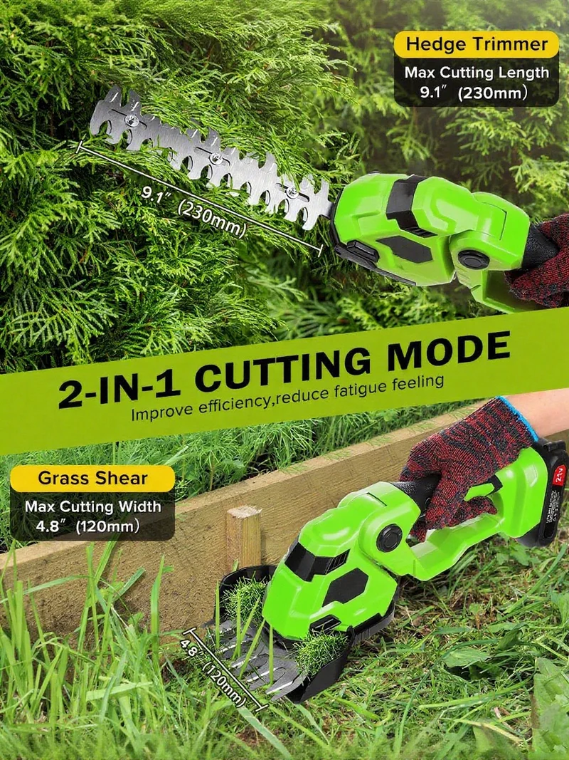2-in-1 Akku Heckenschere & Grasschere mit 2 Akkus und Ladegerät, Doppelte Klinge – Leicht, Sicher, Kabellos –für Rasen, Sträucher, Gartenarbeiten,Grün