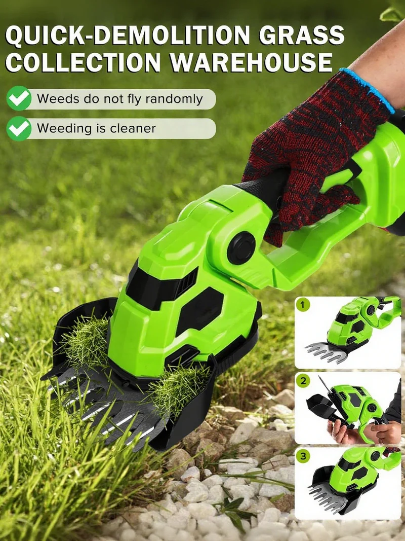 2-in-1 Akku Heckenschere & Grasschere mit 2 Akkus und Ladegerät, Doppelte Klinge – Leicht, Sicher, Kabellos –für Rasen, Sträucher, Gartenarbeiten,Grün