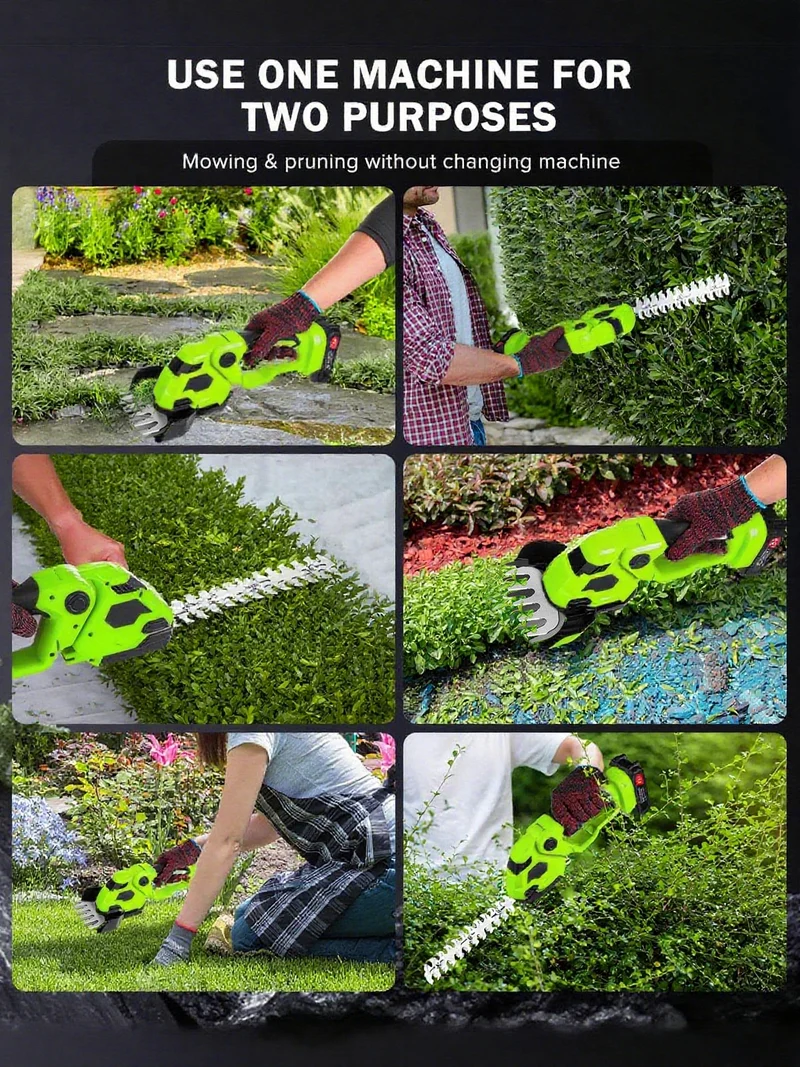 2-in-1 Akku Heckenschere & Grasschere mit 2 Akkus und Ladegerät, Doppelte Klinge – Leicht, Sicher, Kabellos –für Rasen, Sträucher, Gartenarbeiten,Grün