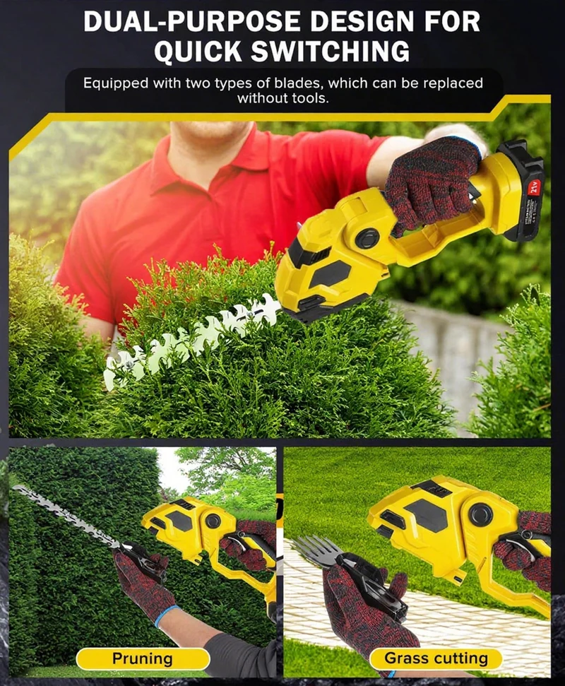 2-in-1 Akku Heckenschere & Grasschere mit 2 Akkus und Ladegerät, Doppelte Klinge – Leicht, Sicher, Kabellos –für Rasen, Sträucher, Gartenarbeiten,Gelb