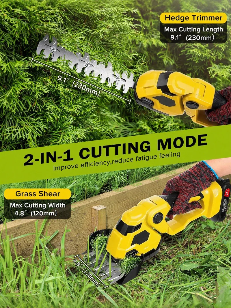 2-in-1 Akku Heckenschere & Grasschere mit 2 Akkus und Ladegerät, Doppelte Klinge – Leicht, Sicher, Kabellos –für Rasen, Sträucher, Gartenarbeiten,Gelb