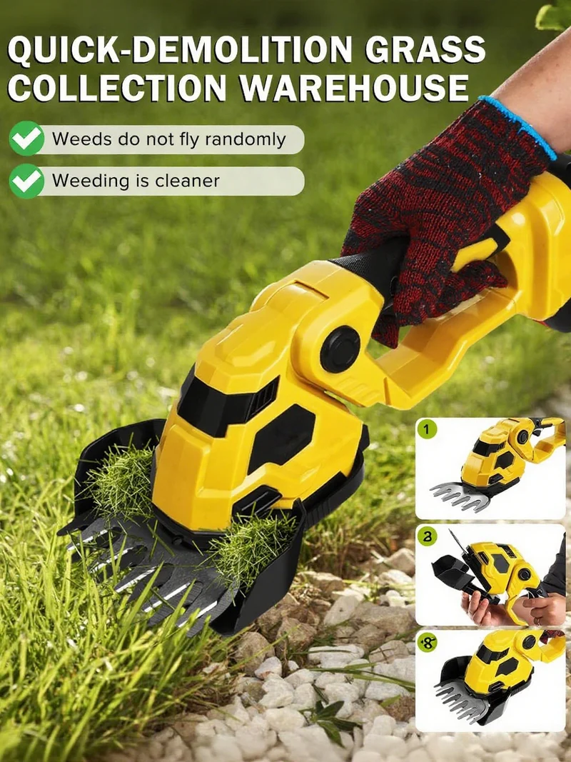 2-in-1 Akku Heckenschere & Grasschere mit 2 Akkus und Ladegerät, Doppelte Klinge – Leicht, Sicher, Kabellos –für Rasen, Sträucher, Gartenarbeiten,Gelb