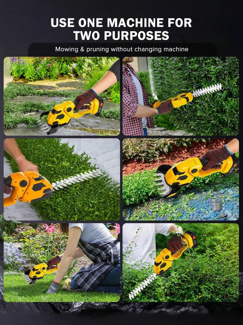 2-in-1 Akku Heckenschere & Grasschere mit 2 Akkus und Ladegerät, Doppelte Klinge – Leicht, Sicher, Kabellos –für Rasen, Sträucher, Gartenarbeiten,Gelb