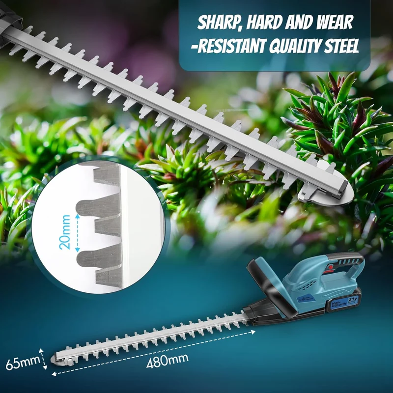500W Akku Heckenschere mit Bürstenlosem Motor – 530 mm Schnittlänge, 4000mAh Akku & Ladegerät – für Hecken & Sträucher, 20 mm Schnittstärke, Blau