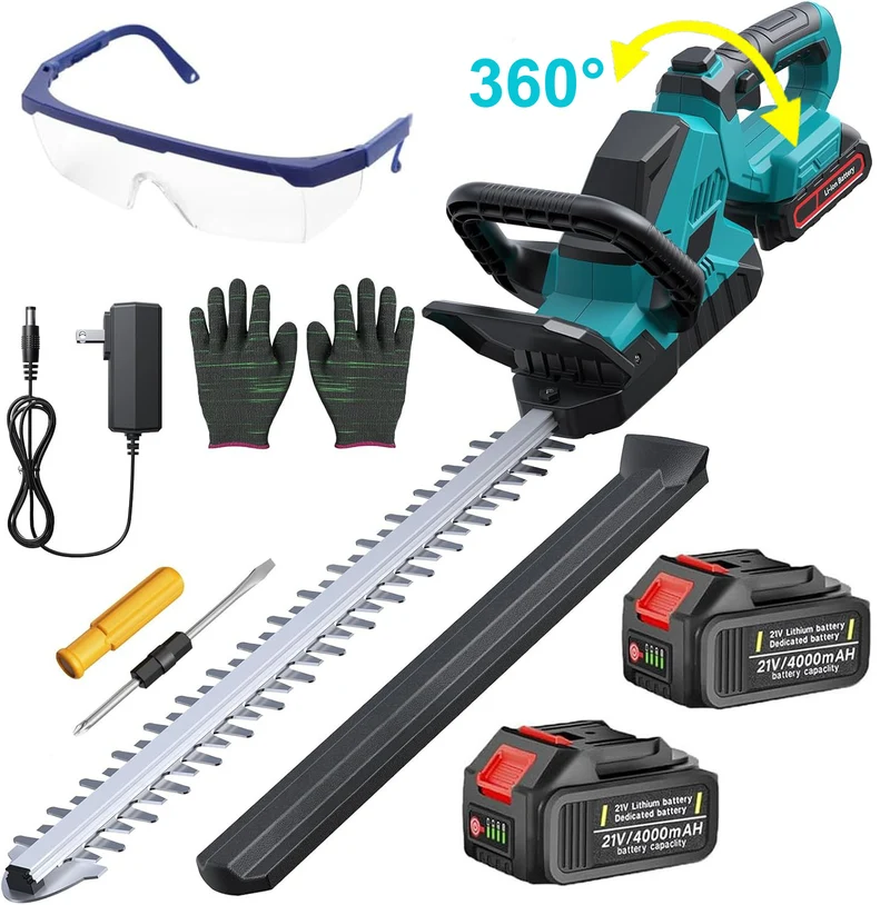 3000RPM Akku Heckenschere, 21" Klingen Heckenschere mit 2×21V 4000mAh Akkus, 360° drehbarer Kopf, 2/3" Schnitt, leicht&leise, inkl. Zubehörset