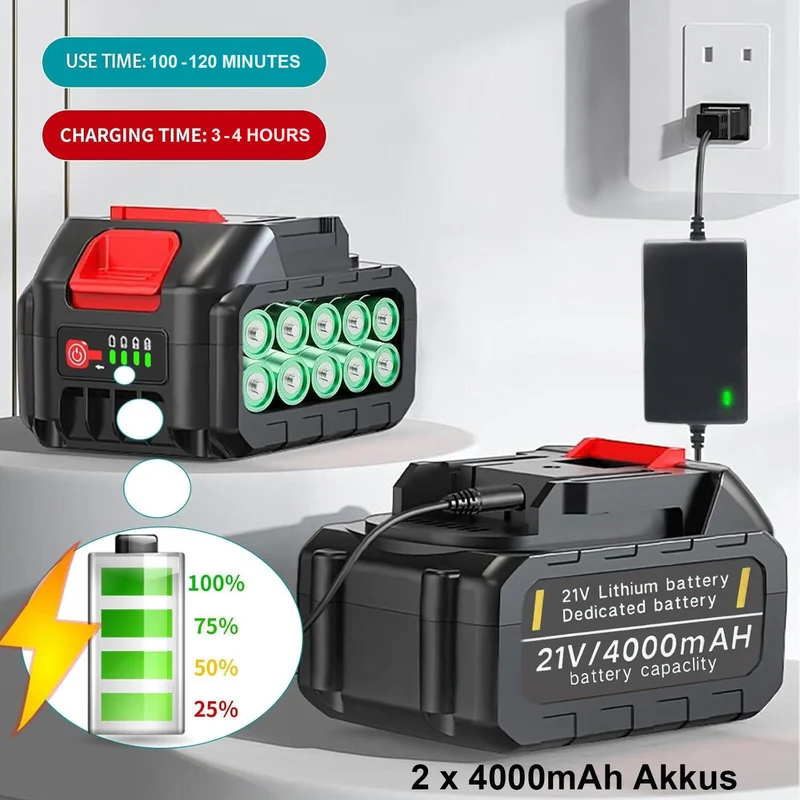 3000RPM Akku Heckenschere, 21" Klingen Heckenschere mit 2×21V 4000mAh Akkus, 360° drehbarer Kopf, 2/3" Schnitt, leicht&leise, inkl. Zubehörset