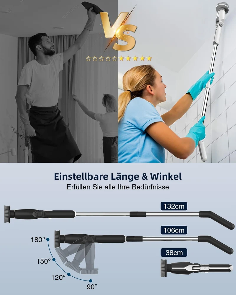 Elektrische Reinigungsbürste, Fugenreiniger mit verstellbarem Griff und 8 austauschbaren Aufsätzen, elektrische Reinigungsbürste für Badezimmer, Fliesen, Boden, Küche