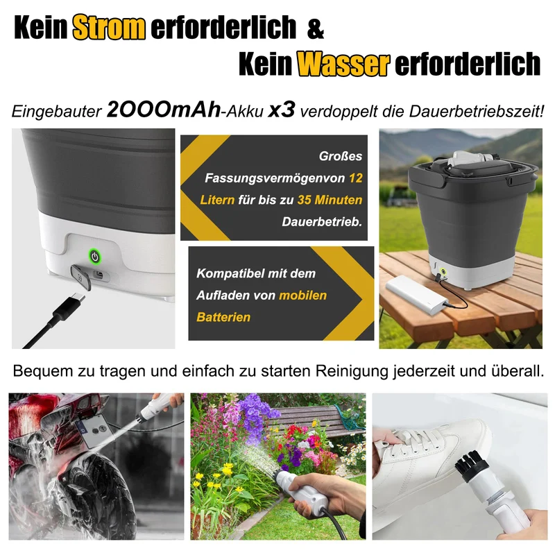 Kabelloser Tragbar Akku Hochdruckreiniger mit 12L Tank, Faltbar, USB-C, 3 Düsen, Tragbare Hochdruckreiniger für Auto, Garten, Camping, Haustiere & Outdoor-Reinigung