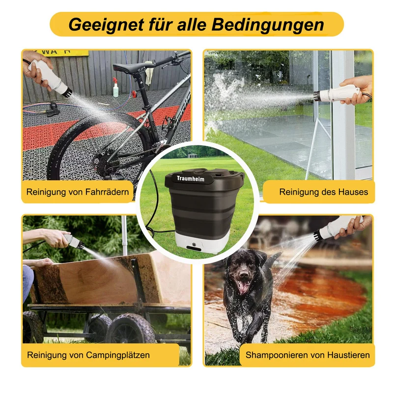 Kabelloser Tragbar Akku Hochdruckreiniger mit 12L Tank, Faltbar, USB-C, 3 Düsen, Tragbare Hochdruckreiniger für Auto, Garten, Camping, Haustiere & Outdoor-Reinigung