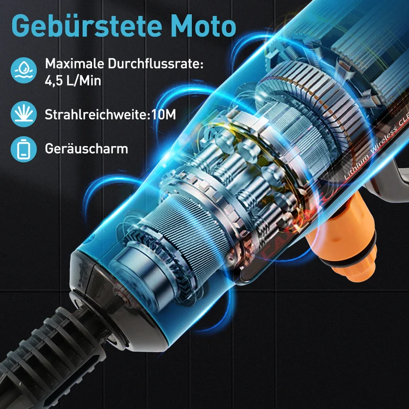 Hochdruckreinigerpistole ,Akku Hochdruckreiniger, Hochdruckpistole Waschpistole mit 2 Akkus und Wasserschlauch 5 M, 6-in-1 Düse., Druckreinigerpistole
