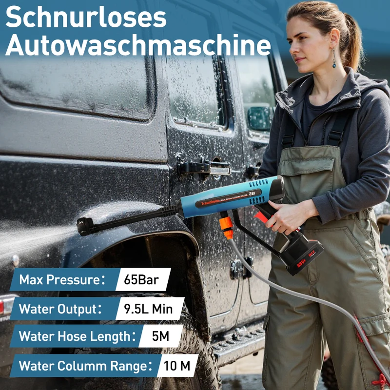 Hochdruckreinigerpistole ,Akku Hochdruckreiniger, Hochdruckpistole Waschpistole mit 2 Akkus und Wasserschlauch 5 M, 6-in-1 Düse., Druckreinigerpistole