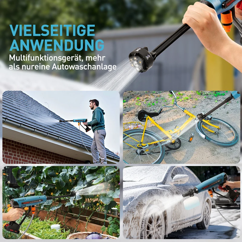 Hochdruckreinigerpistole ,Akku Hochdruckreiniger, Hochdruckpistole Waschpistole mit 2 Akkus und Wasserschlauch 5 M, 6-in-1 Düse., Druckreinigerpistole
