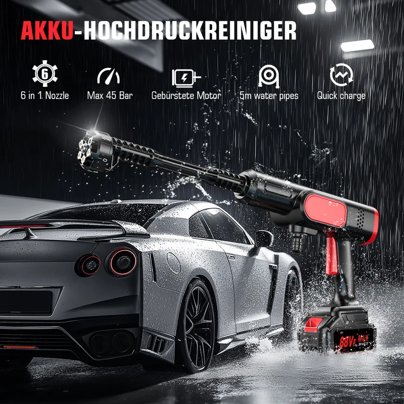 Akku Hochdruckreiniger, 45 bar Tragbarer Handgehaltene Autowaschpistole, 21V Hochdruckpistole für Auto Zaun Bodenreinigung Bewässerung