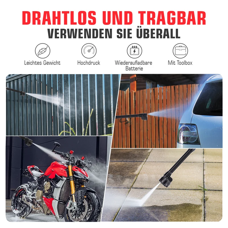 Akku Hochdruckreiniger, 45 bar Tragbarer Handgehaltene Autowaschpistole, 21V Hochdruckpistole für Auto Zaun Bodenreinigung Bewässerung