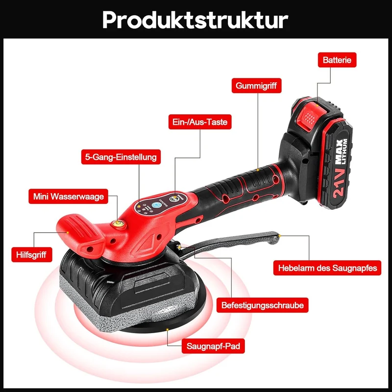 Fliesen Vibrationsgerät, Akku Fliesenrüttler, Fliesenleger Maschine mit 5 Gang Geschwindigkeit, Wandfliesen mit 2 Akkus, für 0.6-1.5m Fliesen