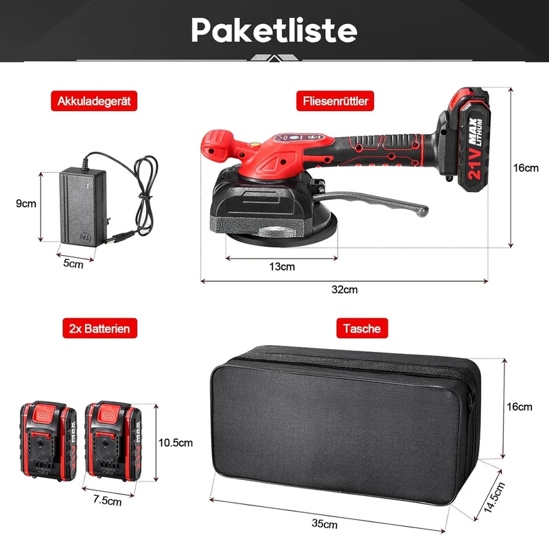 Fliesen Vibrationsgerät, Akku Fliesenrüttler, Fliesenleger Maschine mit 5 Gang Geschwindigkeit, Wandfliesen mit 2 Akkus, für 0.6-1.5m Fliesen