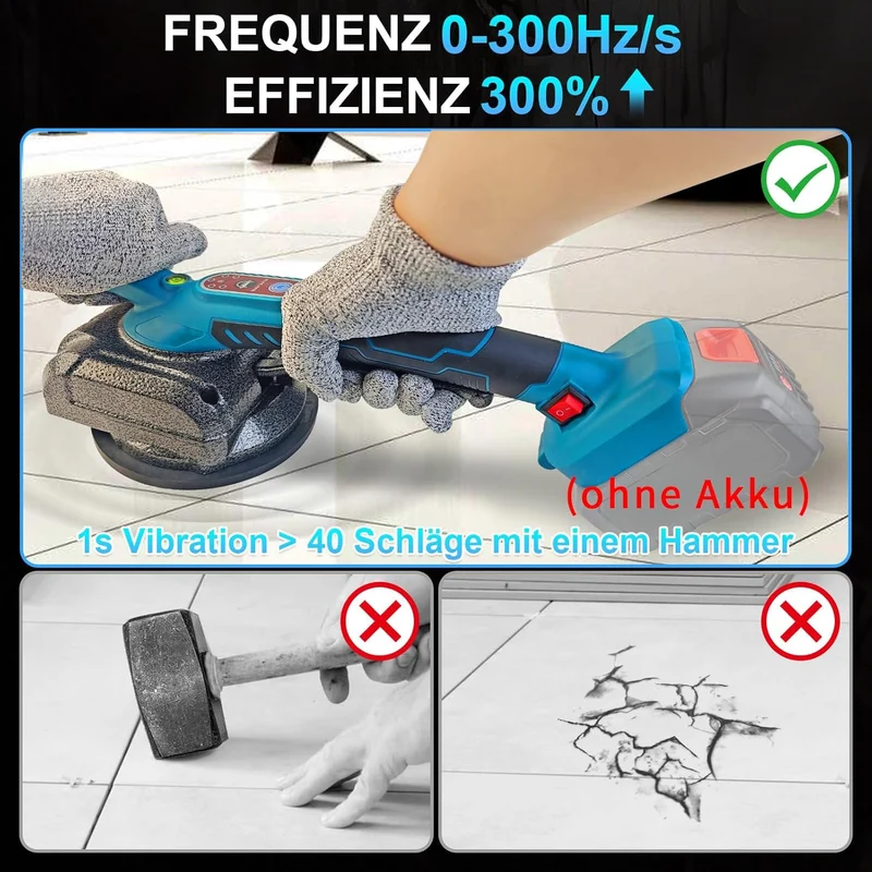 Fliesenvibrator Elektrisch, 100KG Fliesenleger Maschine, Fliesenrüttler, 5 Gänge einstellbar, 10000 RPM, mit 2 x 21V-Akkus, Fliesenvibrationsmaschine
