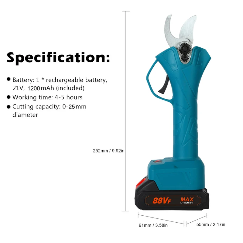 Professionelle Akku Astschere 21V Schnurlose Elektrische Gartenschere, 0-25mm Akku Astschere, mit 2 Stück Batterien Baumschere