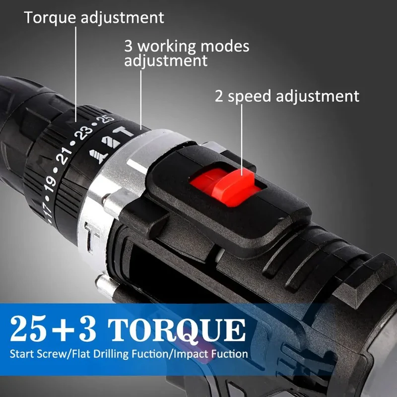 Akkuschrauber, Akku Bohrschrauber Set, Schlagbohrmaschinen, Akku-Bohrer, 48VF mit 2x 6500Ah Batterie,45Nm Max. Drehmoment, Professional Schnellladung