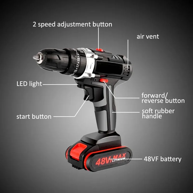 Akkuschrauber, Akku Bohrschrauber Set, Schlagbohrmaschinen, Akku-Bohrer, 48VF mit 2x 6500Ah Batterie,45Nm Max. Drehmoment, Professional Schnellladung