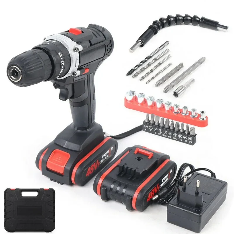 Akkuschrauber, Akku Bohrschrauber Set, Schlagbohrmaschinen, Akku-Bohrer, 48VF mit 2x 6500Ah Batterie,45Nm Max. Drehmoment, Professional Schnellladung