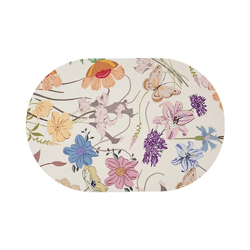 Ovales abwischbares Tischset aus Vinyl mit floralem Retro-Muster und rutschfester Rückseite Karnz