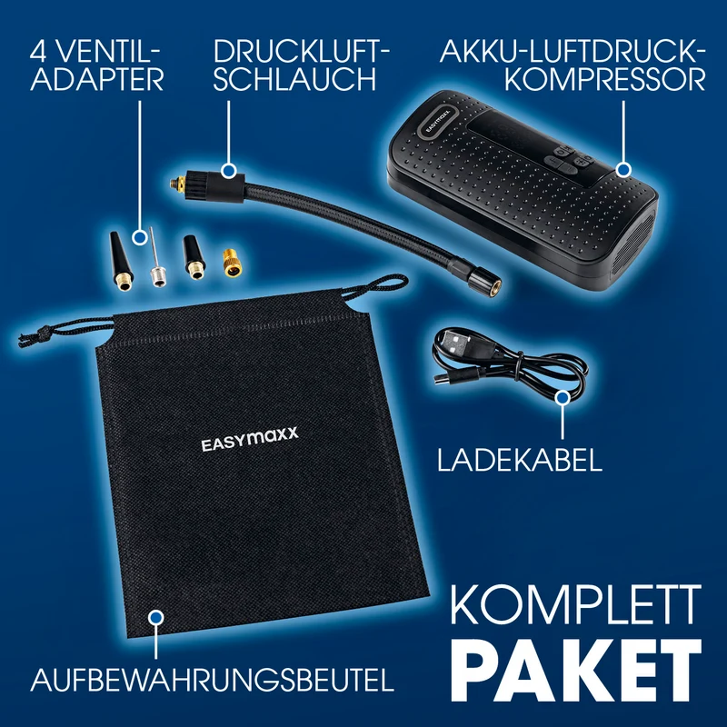 EASYmaxx Akku-Handkompressor - für Fahrrad, Auto & Bälle - mit Display - USB