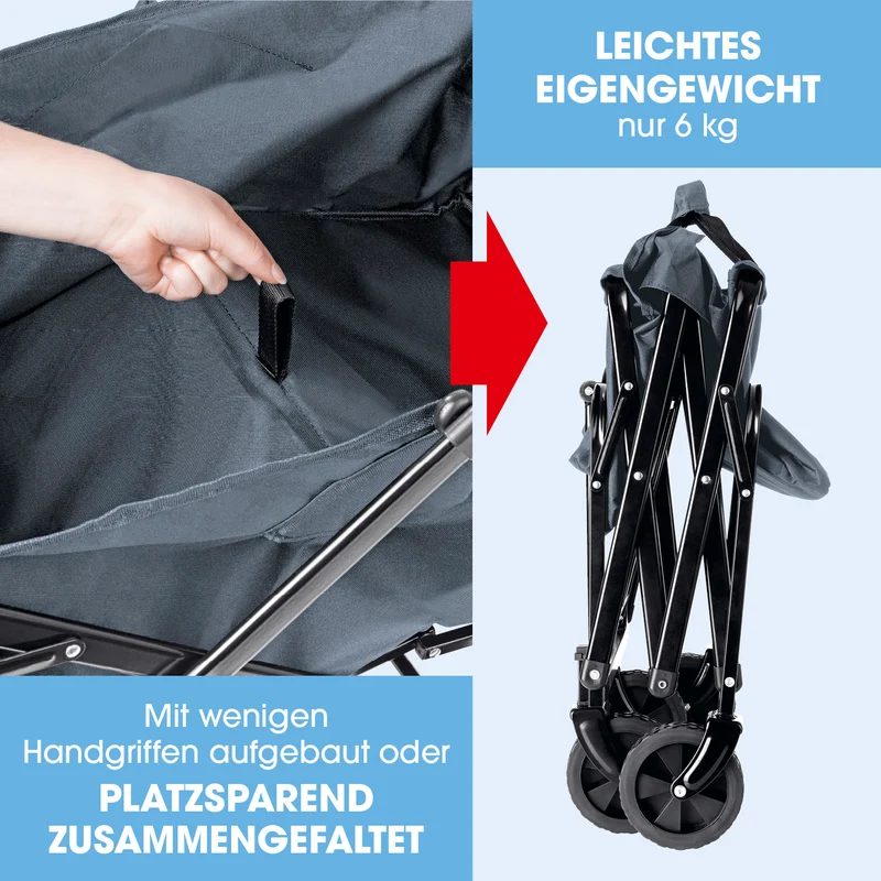 EASYmaxx Klapp-Bollerwagen, belastbar bis 80kg - Getränkehalter, 360°Vorderräder