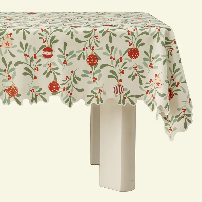 Festliche rechteckige Tischdecke mit Mistel- und Christbaumkugel‑Motiv Karnz