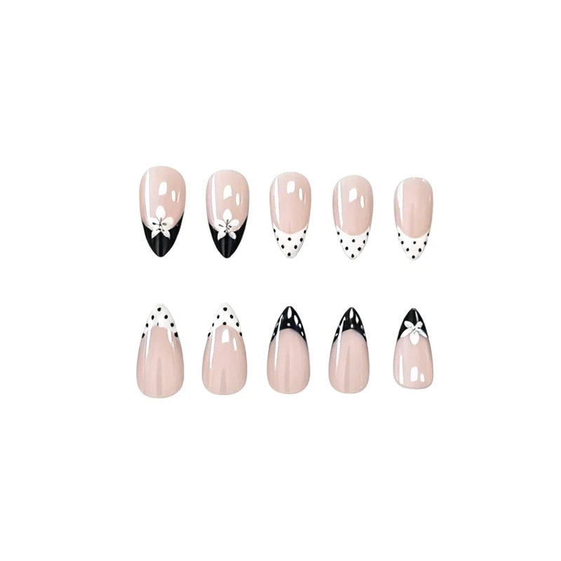 Elegante Schwarz-Weiße Blumennagelkunstverlängerungen Karnz
