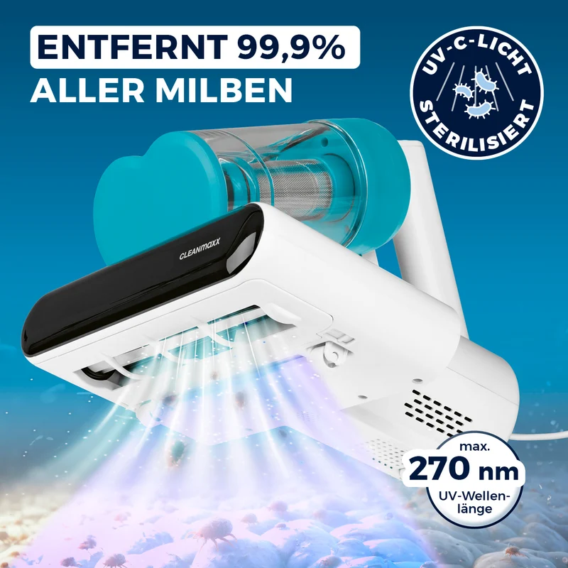 CLEANmaxx Milbensauger Rotation - entfernt 99,9 % aller Milben - mit UV-C-Licht - weiß/blau