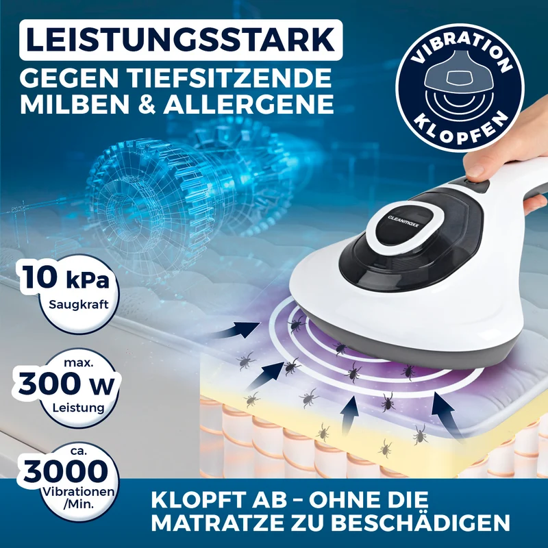 CLEANmaxx Milbensauger Vibration - entfernt 99,9 % aller Milben - mit UV-C-Licht