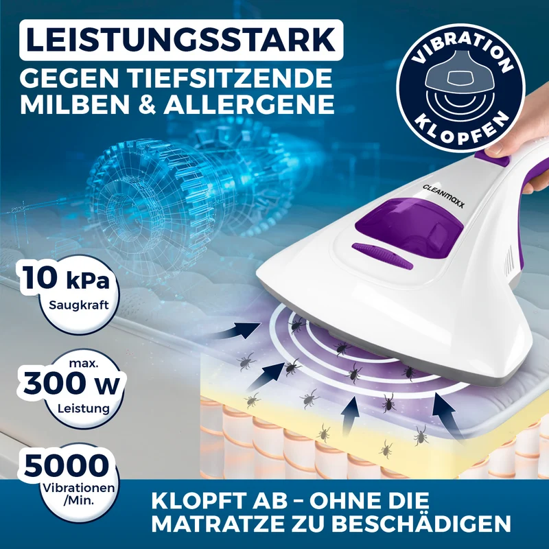 CLEANmaxx Milbensauger Vibration - entfernt 99,9 % Milben - 2 Ersatz-EPA-Filter