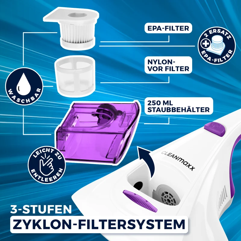 CLEANmaxx Milbensauger Vibration - entfernt 99,9 % Milben - 2 Ersatz-EPA-Filter
