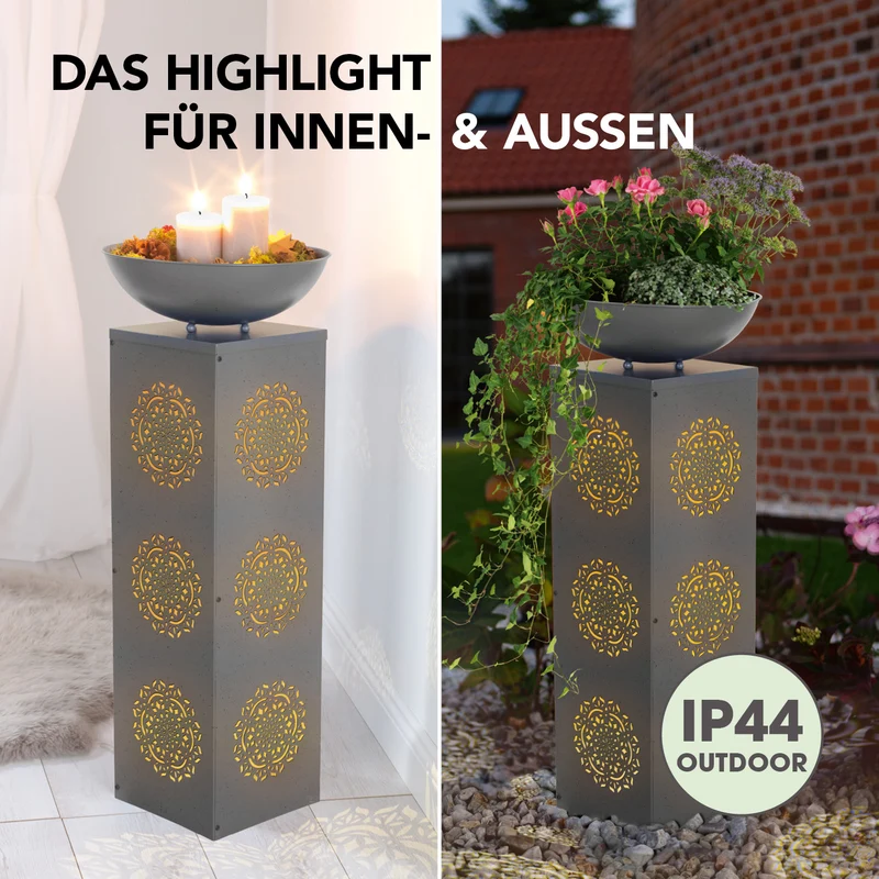 EASYmaxx LED-Dekosäule Beton-Optik mit Pflanzschale Mandala - 87 cm - Grau