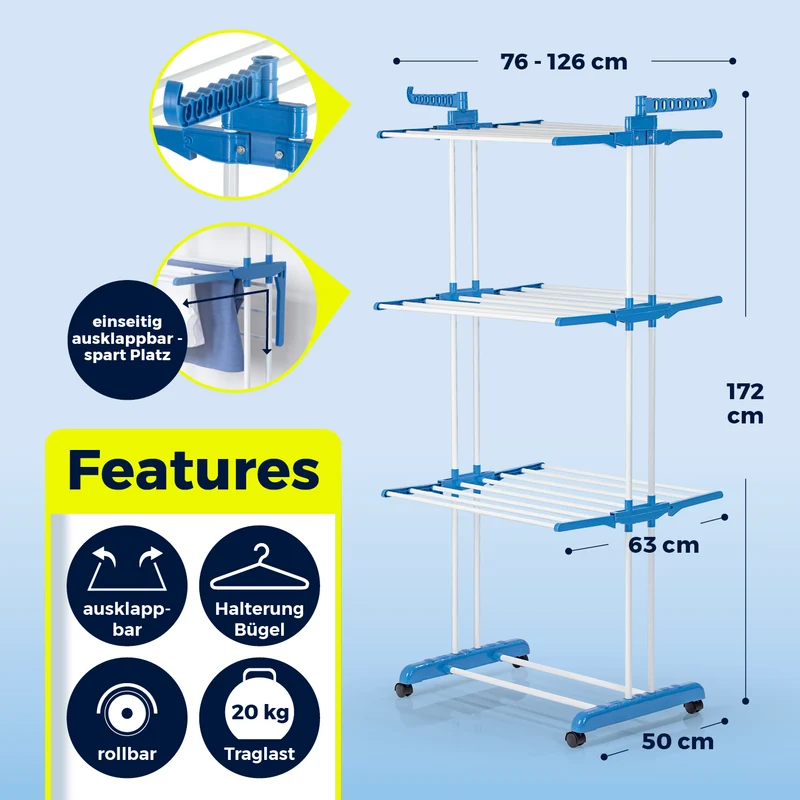 EASYmaxx Wäsche-Tower 1600 mit Rollen, 3 Etagen & 2 Seitenflügeln für 14 Bügel