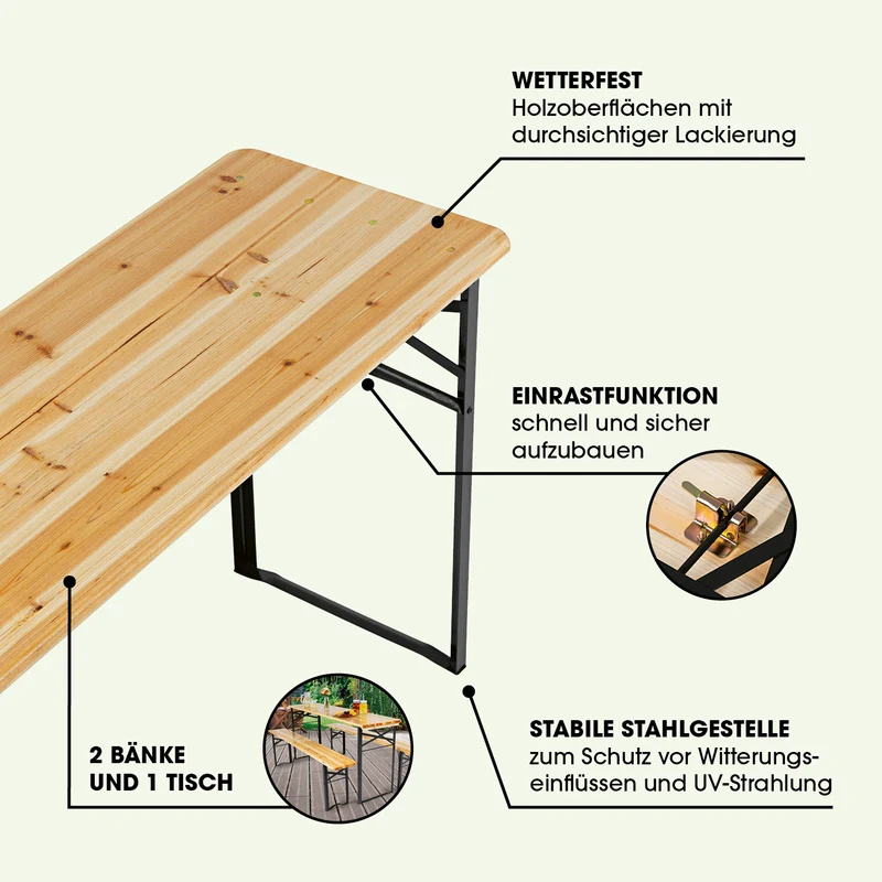 EASYmaxx Bierzeltgarnitur Set (1 Tisch mit 2 Sitzbänken) - 170 cm - holzfarben/schwarz
