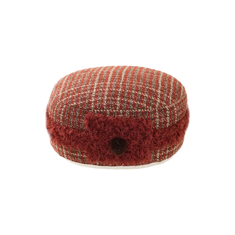 Strukturierte Tweed-Baskenmütze mit Teddy-Band und Pompon-Applikation Karnz