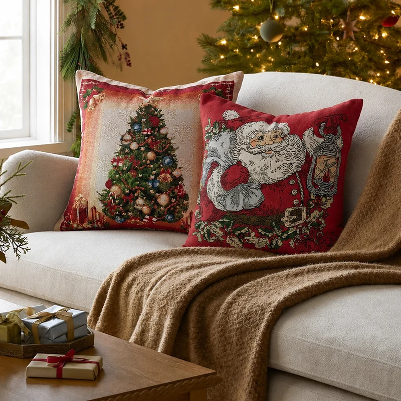 Weihnachtlicher Tapisserie-Kissenbezug mit Santa‑Motiv und gobelinartiger Webstruktur Karnz