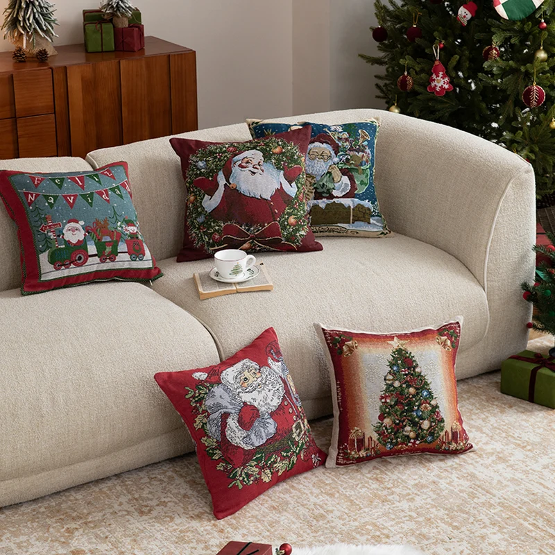 Weihnachtlicher Tapisserie-Kissenbezug mit Santa‑Motiv und gobelinartiger Webstruktur Karnz