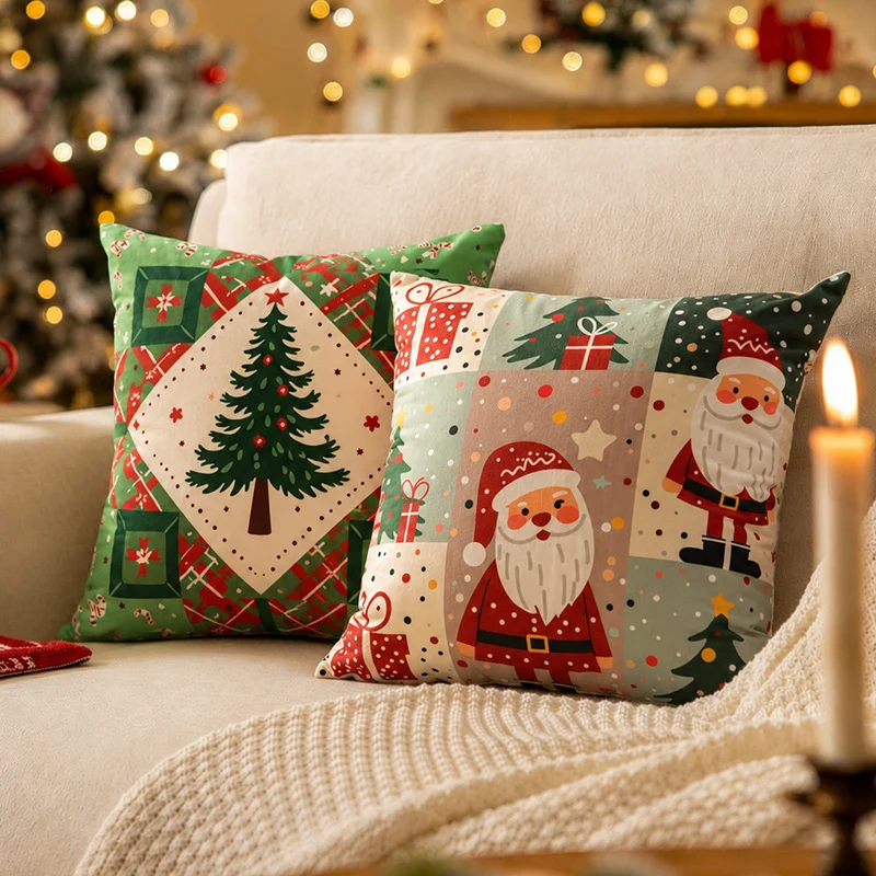 Weihnachtlicher quadratischer Zierkissenbezug mit Patchwork-Motiv und verdecktem Reißverschluss Karnz