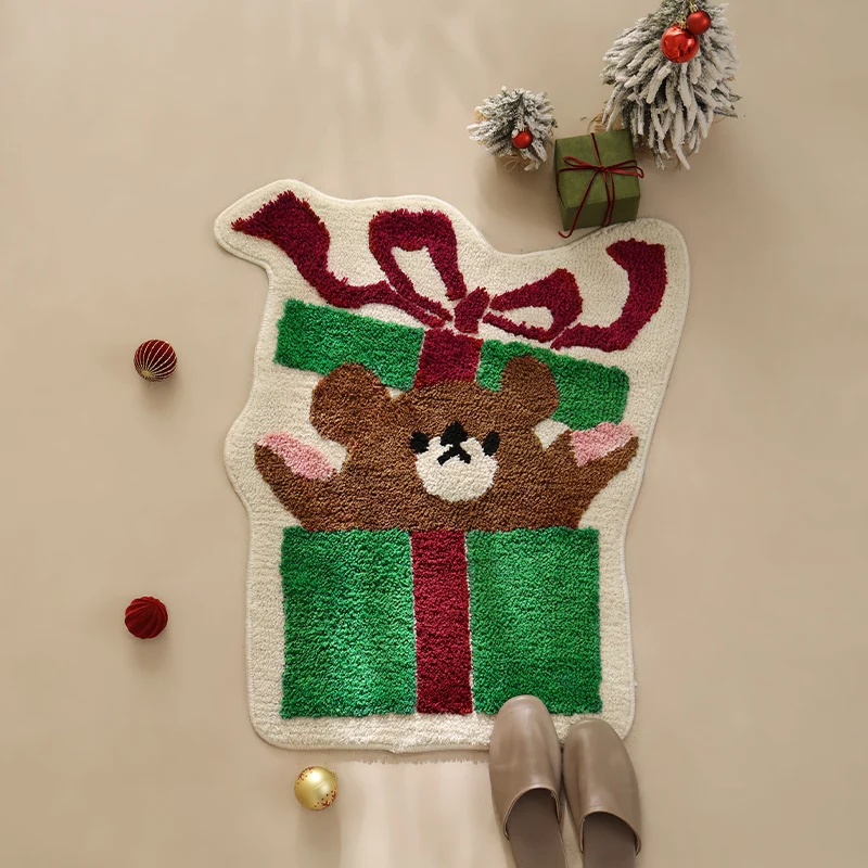 Verspielte geschenkförmige Fußmatte mit getuftetem Teddybärmotiv Karnz