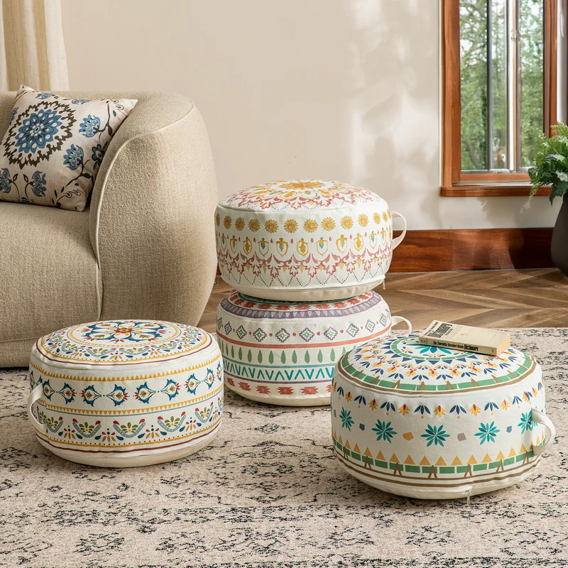 Rundes Sitzpouf mit gewebtem Baumwollbezug und ethnischem Mandala-Print Karnz