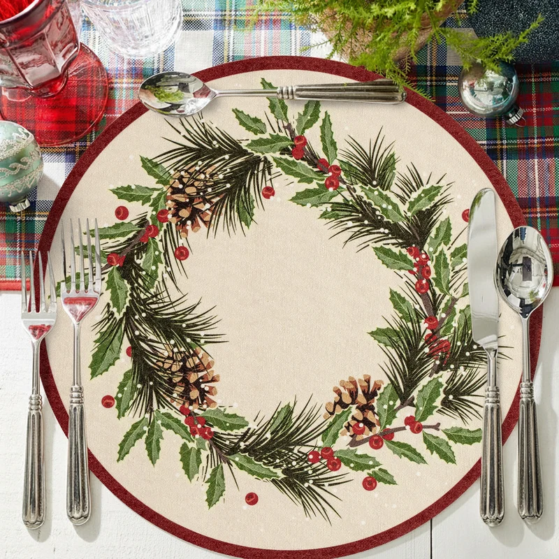 Rundes abwischbares Tischset mit weihnachtlichem Tannenzapfen- und Stechpalmenkranz-Motiv Karnz