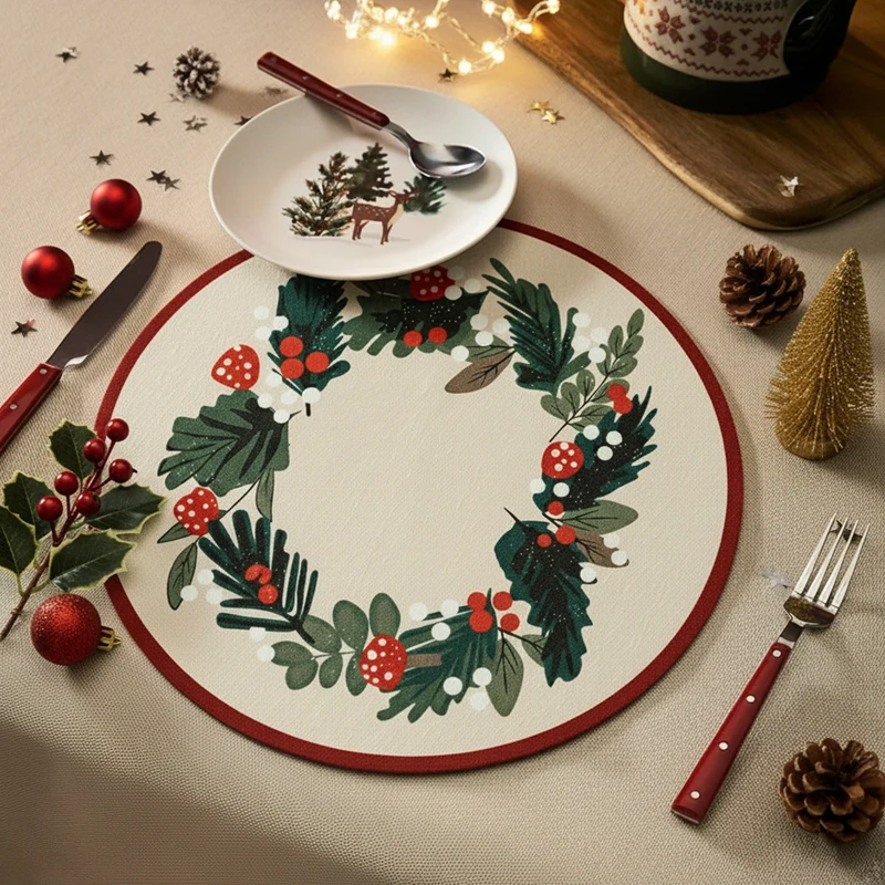Rundes abwischbares Tischset mit weihnachtlichem Tannenzapfen- und Stechpalmenkranz-Motiv Karnz