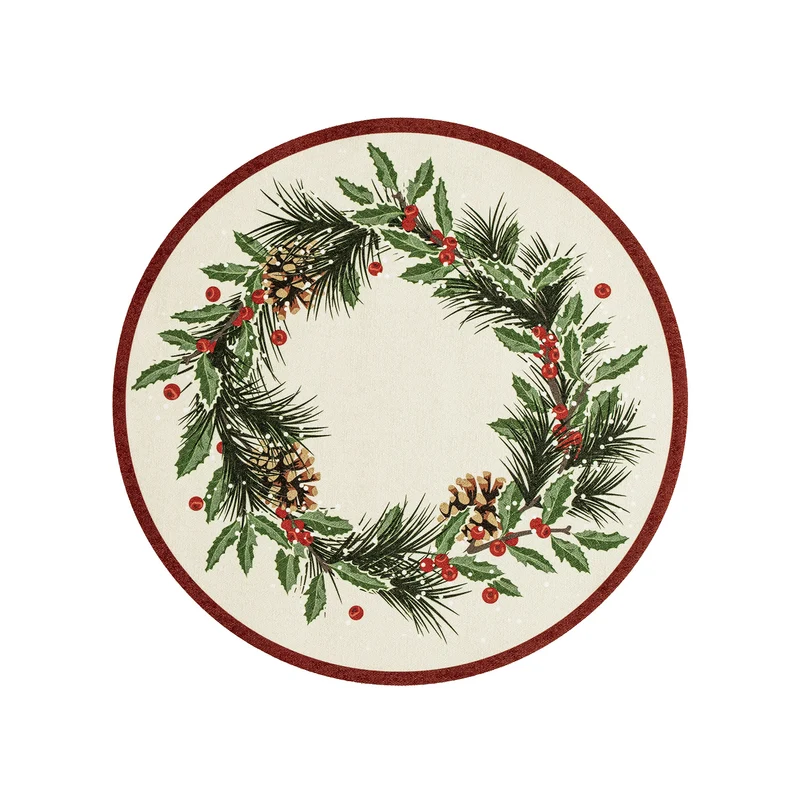 Rundes abwischbares Tischset mit weihnachtlichem Tannenzapfen- und Stechpalmenkranz-Motiv Karnz