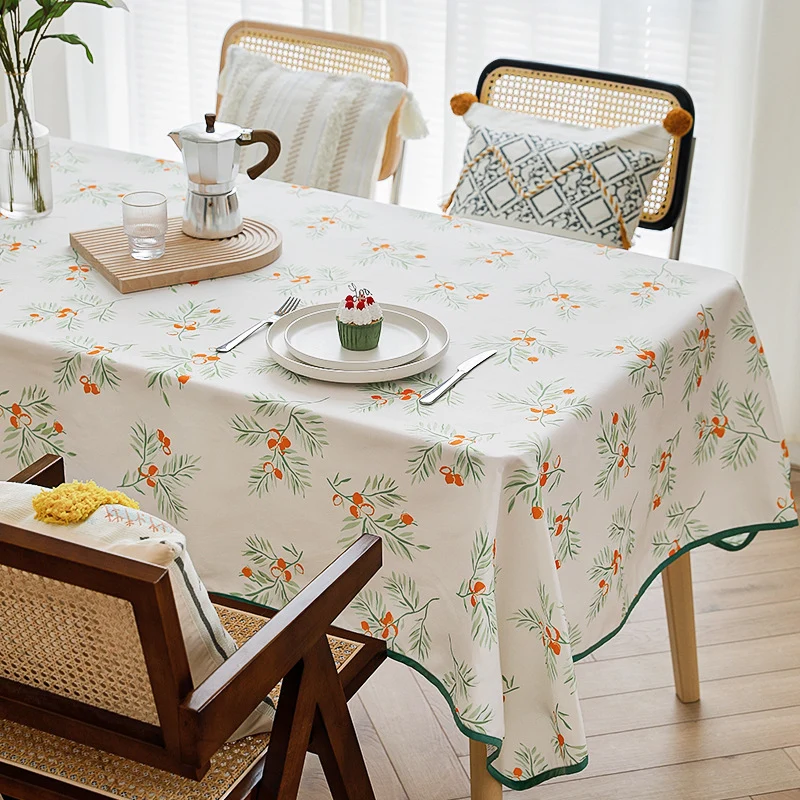 Rechteckige Esstischdecke mit botanischem Orangenbeeren-Print und kontrastierter Saum-Paspel Karnz