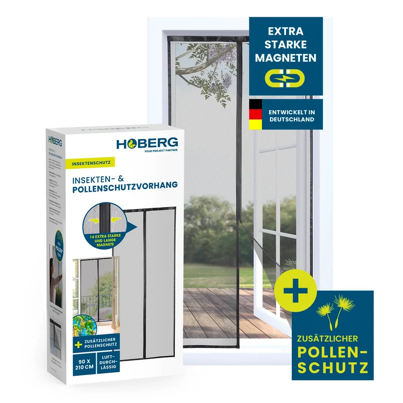 HOBERG Insekten- & Pollenschutzvorhang mit XXL-Magnetbändern – 90 x 210 cm