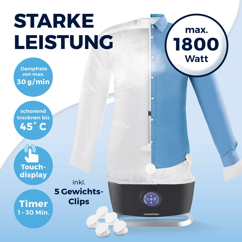 CLEANmaxx Hemdenbügler PRO STEAM + Hosenaufsatz - auffrischen, trocknen, bügeln - Schwarz
