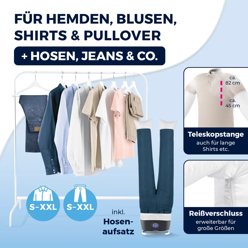 CLEANmaxx Hemdenbügler PRO STEAM + Hosenaufsatz - auffrischen, trocknen, bügeln - Schwarz